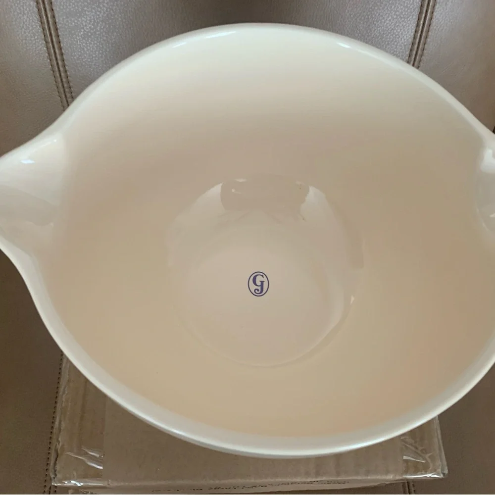White Ceramic Mixing Bowl with Blue Retro Wave Pattern